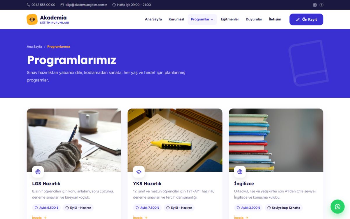 Akademia – Eğitim & Kurs Web Sitesi ekran görüntüsü 3