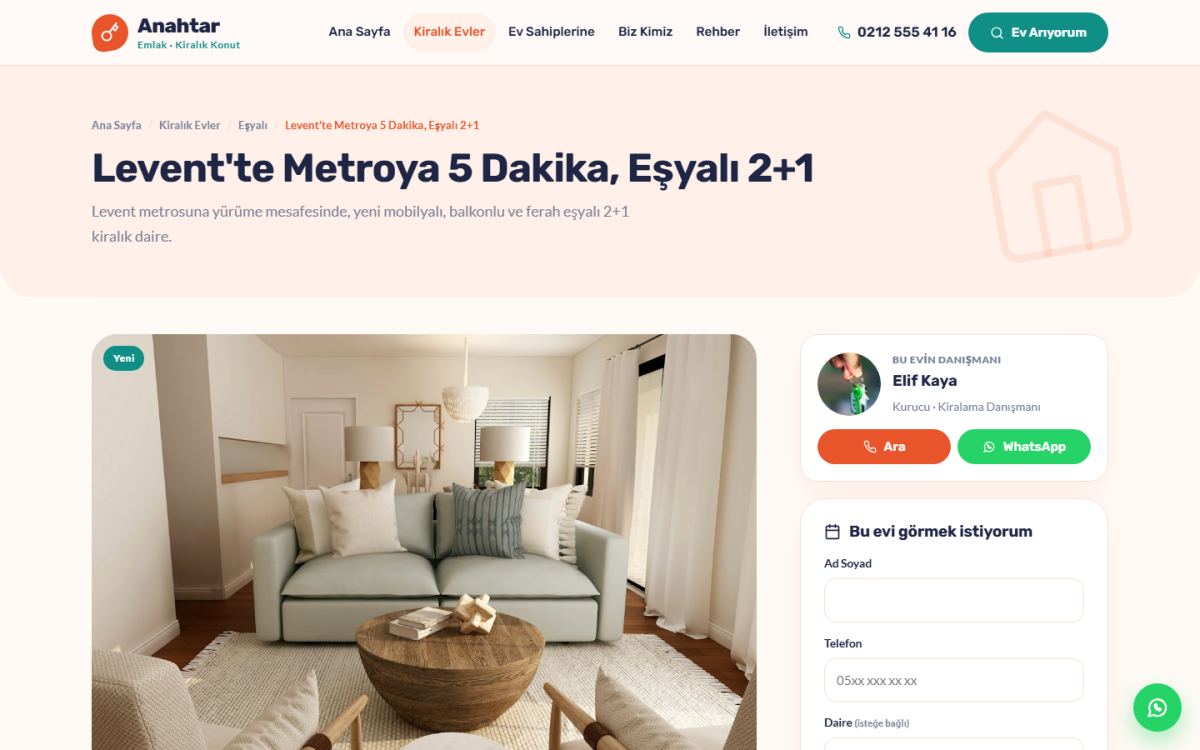 Anahtar – Kiralık Konut Emlak Ofisi Web Sitesi ekran görüntüsü 3