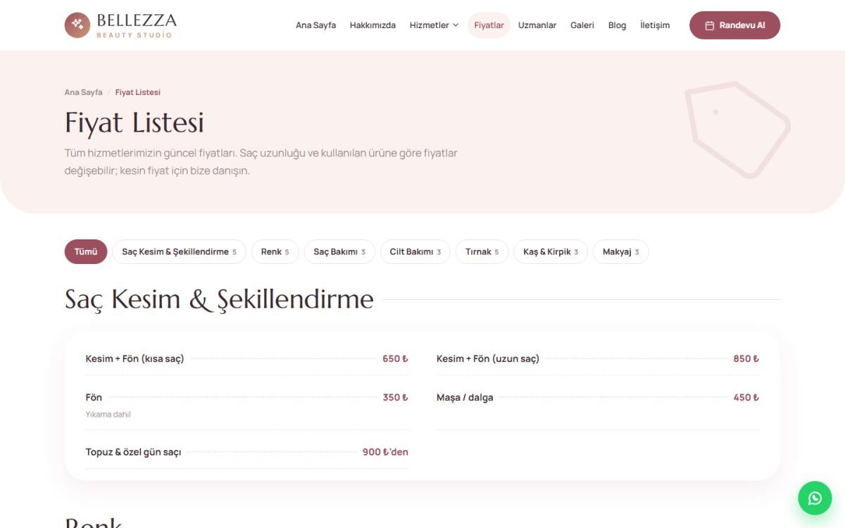 Bellezza – Güzellik Merkezi & Kuaför Web Sitesi ekran görüntüsü 3