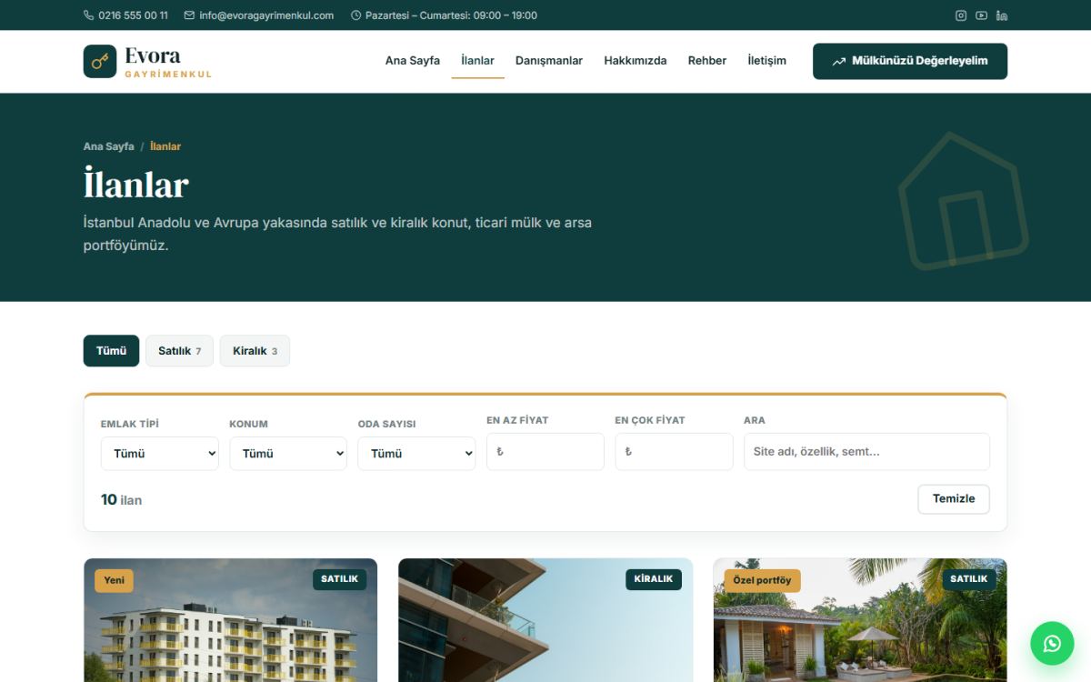 Evora – Emlak & Gayrimenkul Web Sitesi ekran görüntüsü 2