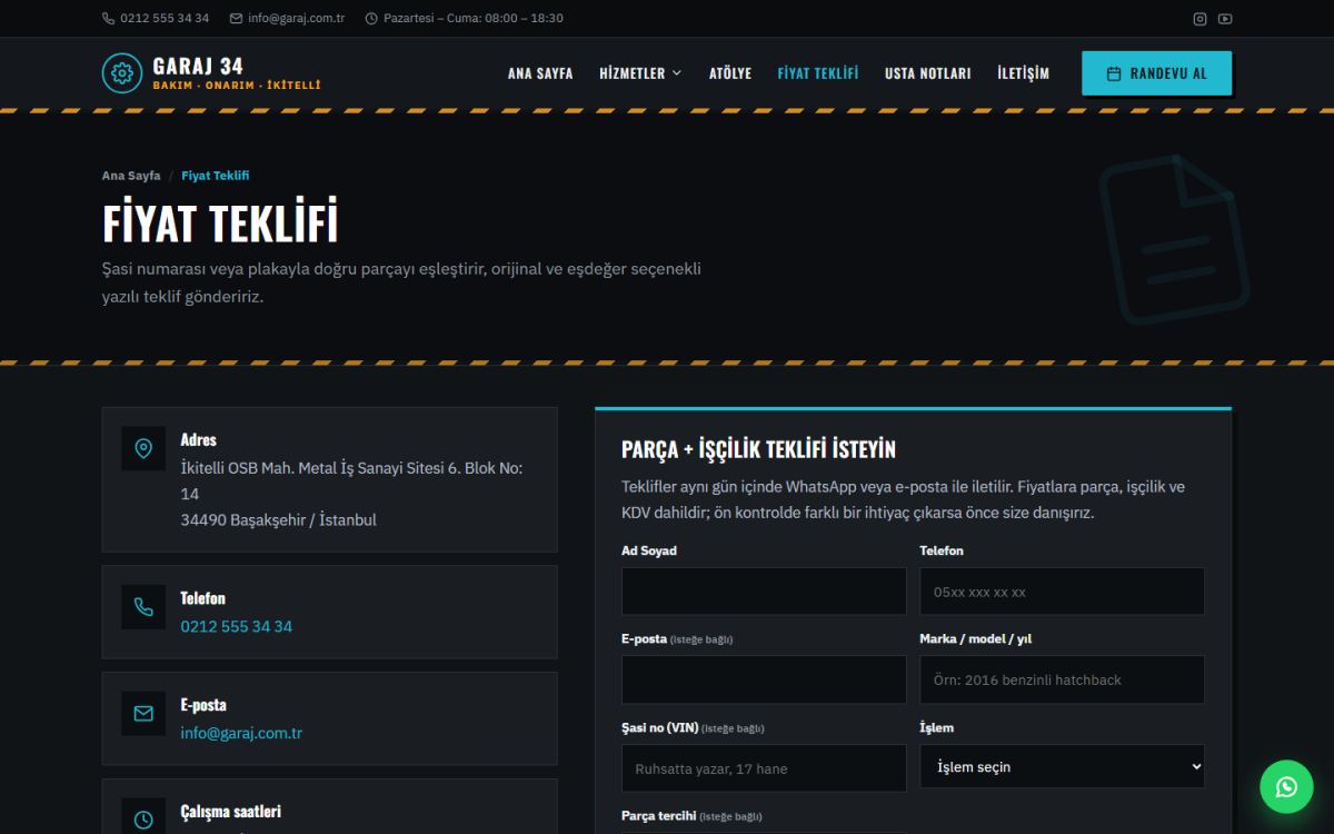 Garaj 34 – Çok Markalı Oto Servis Web Sitesi ekran görüntüsü 4