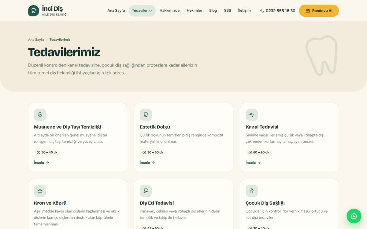İnci Diş – Aile Diş Kliniği ve Muayenehane Web Sitesi ekran görüntüsü 3