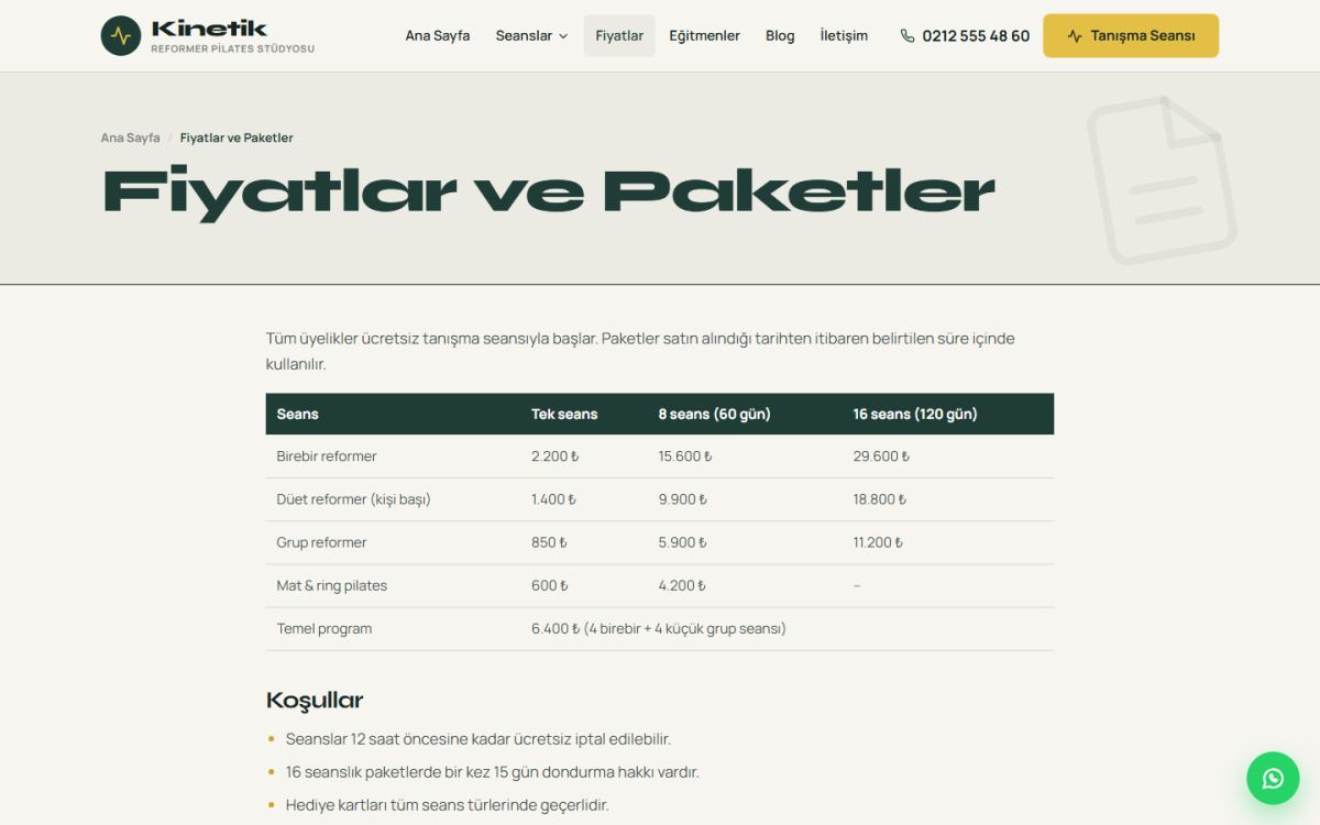 Kinetik – Reformer Pilates Stüdyosu Web Sitesi ekran görüntüsü 3