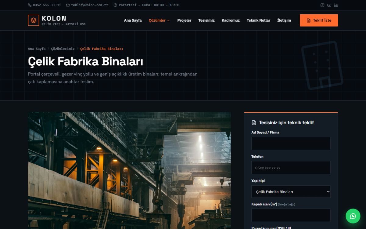 Kolon – Çelik Yapı ve Endüstriyel Tesis Web Sitesi ekran görüntüsü 2