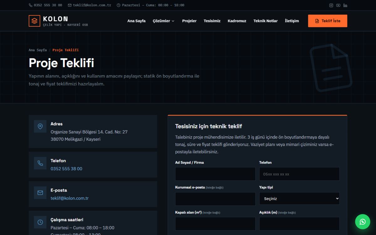 Kolon – Çelik Yapı ve Endüstriyel Tesis Web Sitesi ekran görüntüsü 6