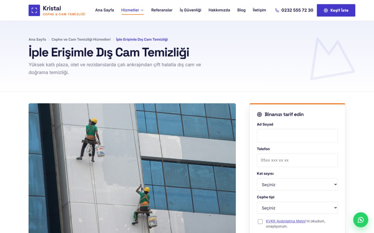 Kristal – Cephe ve Cam Temizliği Web Sitesi ekran görüntüsü 3