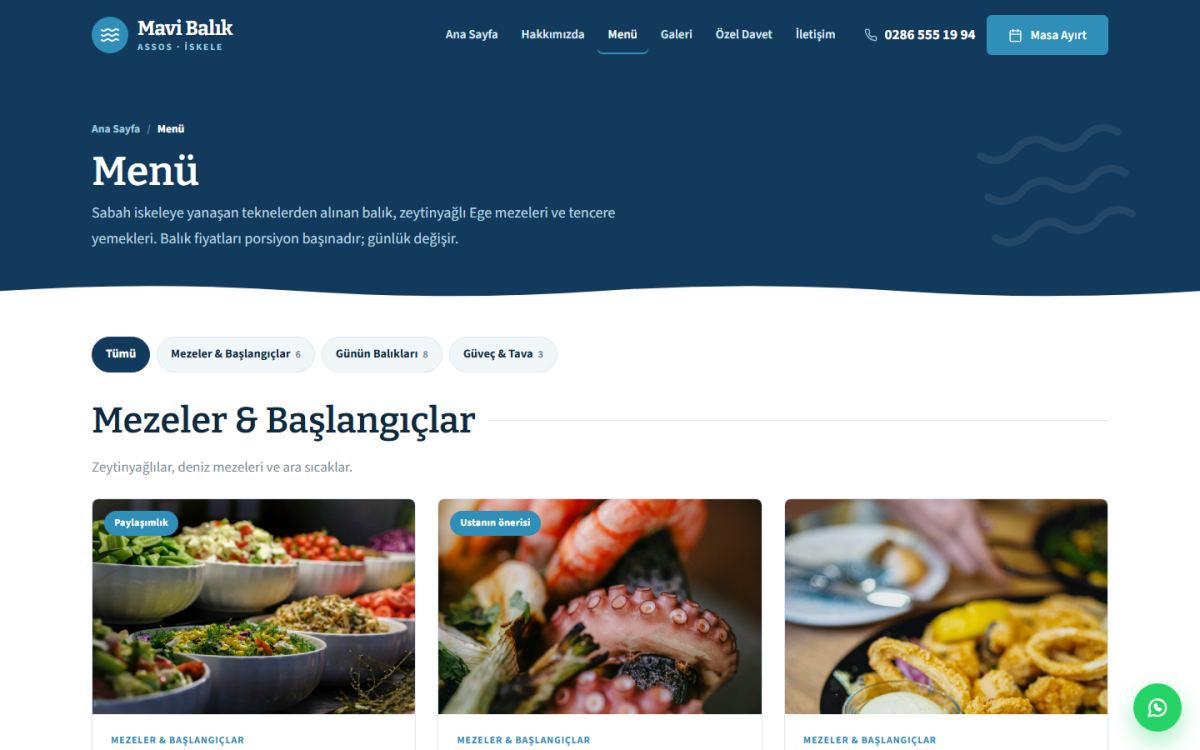 Mavi Balık – Balık Restoranı Web Sitesi ekran görüntüsü 2
